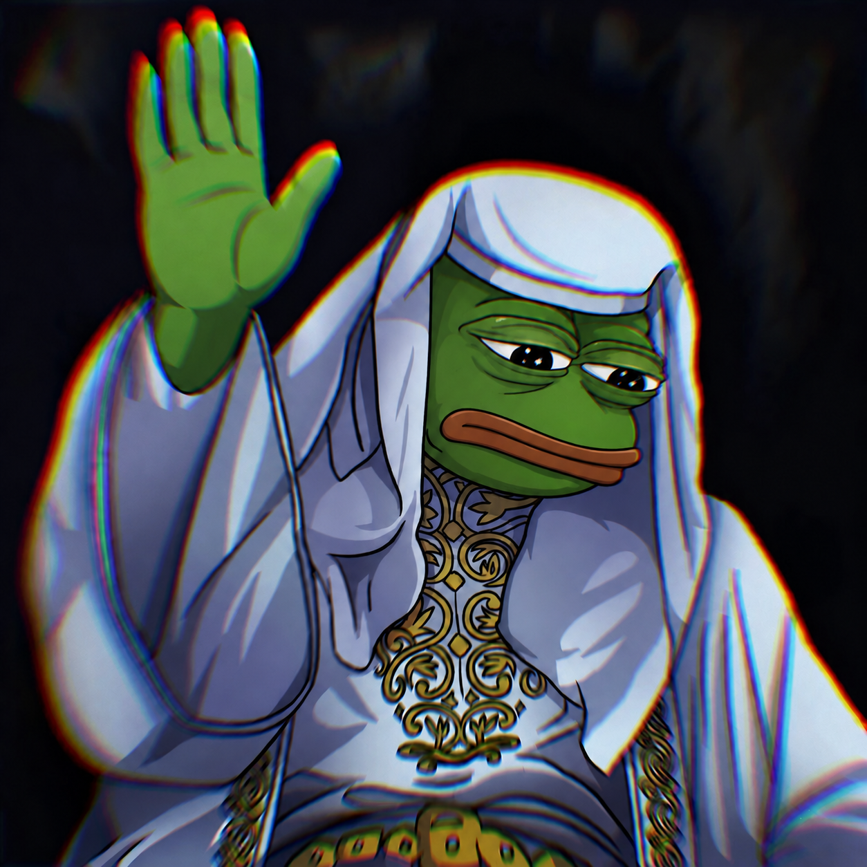 Pepe the Prophet in white ceremonial robes, raising one hand